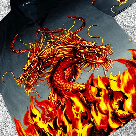 VTG No Boundaries Camp Button-Up Shirt Men's L Black Dragon Flames Grunge Skater - Picture 2 of 8